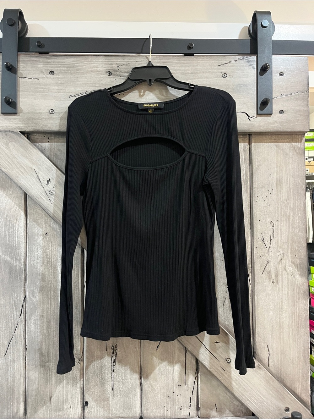 Sugarlips Black Ribbed Long-Sleeve Top with Front Cutout